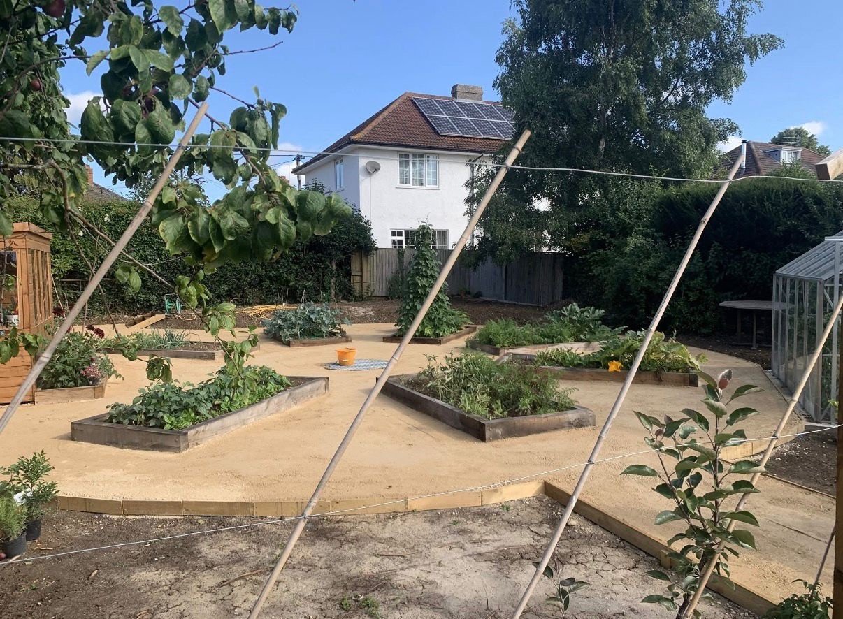 Landscaped garden with raised vegetable beds, Somerset